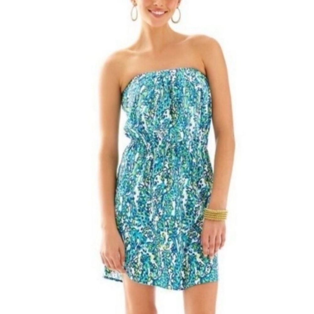 Lilly Pulitzer Windsor Strapless Dress Coverup Sea Blue Green It's A Stretch XS - Picture 1 of 9